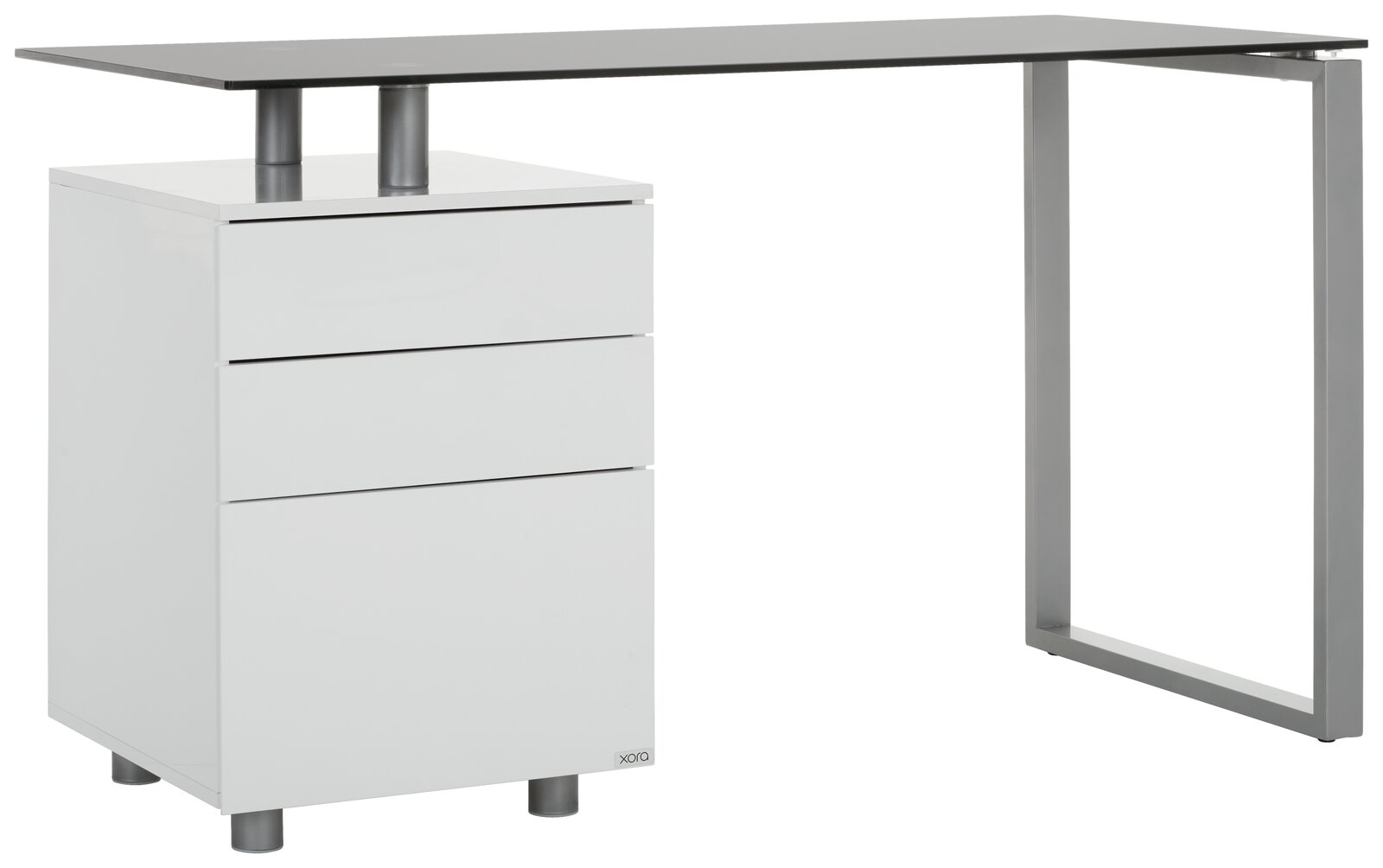 Moderner Schreibtisch mit weißem Korpus und drei Schubladen, seitliche Perspektive