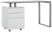 Moderner Schreibtisch mit weißem Korpus und drei Schubladen, seitliche Perspektive