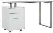 Moderner Schreibtisch mit weißem Korpus und drei Schubladen, seitliche Perspektive