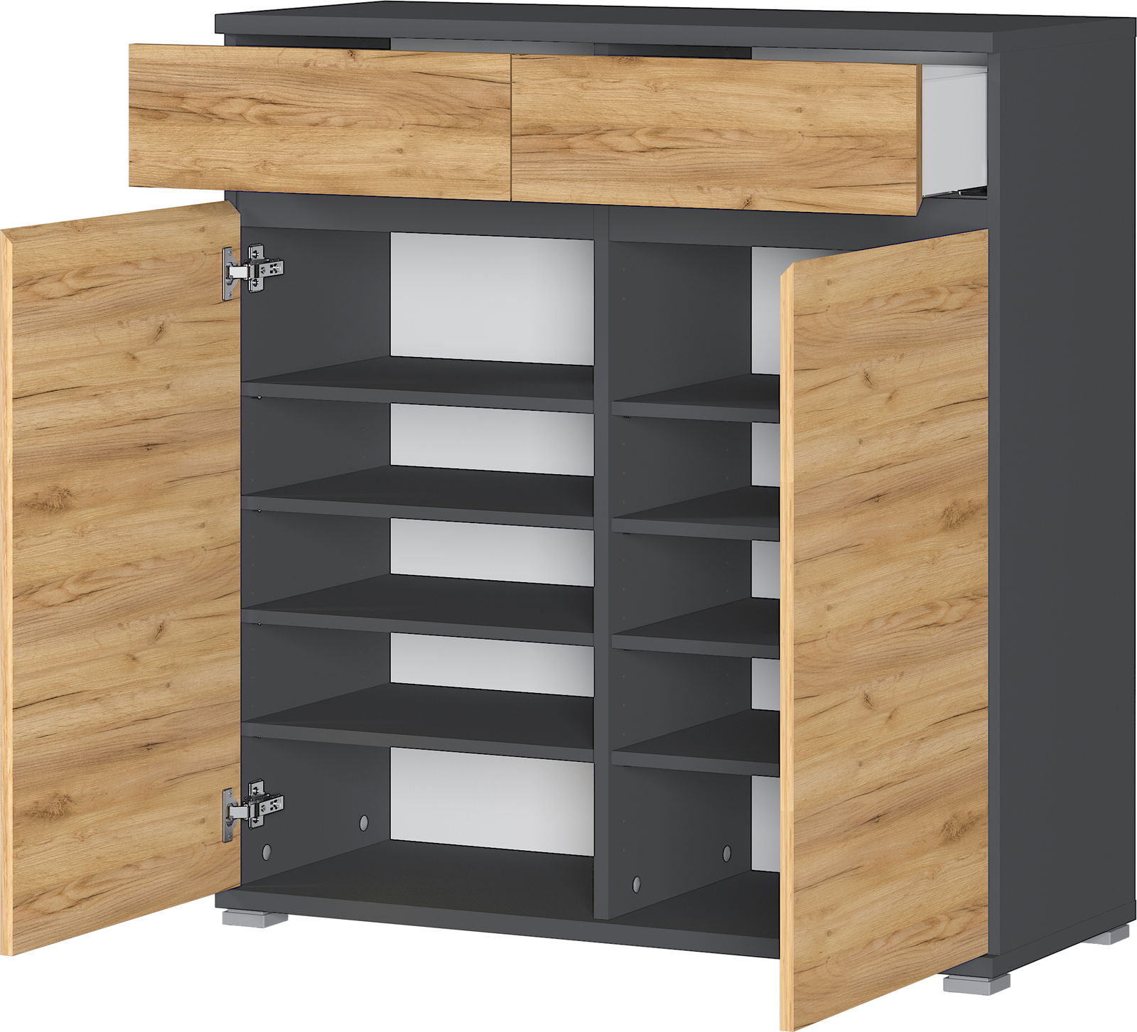 Moderner Schuhschrank mit offenen Türen, zeigt mehrere Regalböden und Schubladen in Holzoptik und dunklem Design, Frontalansicht.