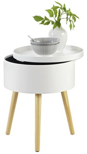 Moderner weißer Beistelltisch mit abnehmbarem Tablett, Holzbeinen und dekorativen Elementen aus der Perspektive leicht von oben.