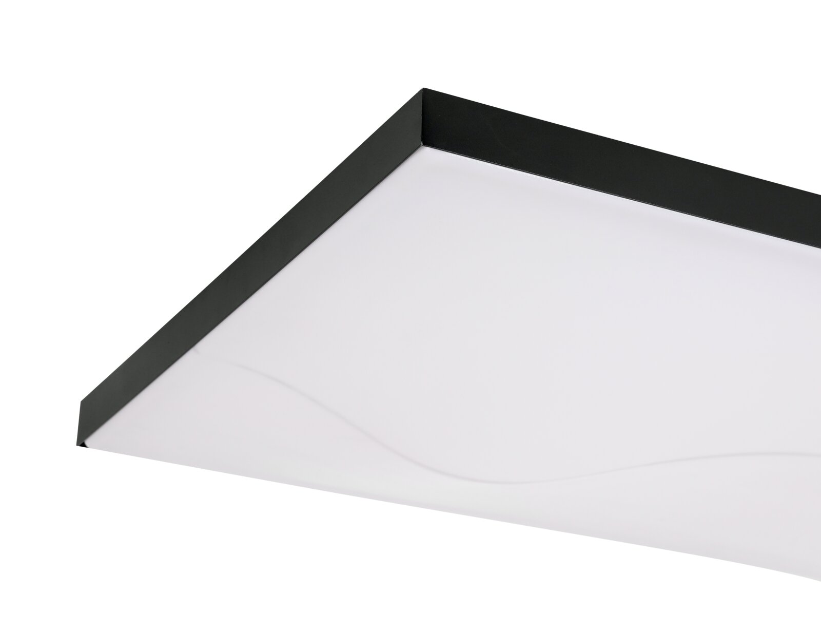 Rechteckige LED-Deckenleuchte mit schwarzem Rahmen, seitliche Perspektive