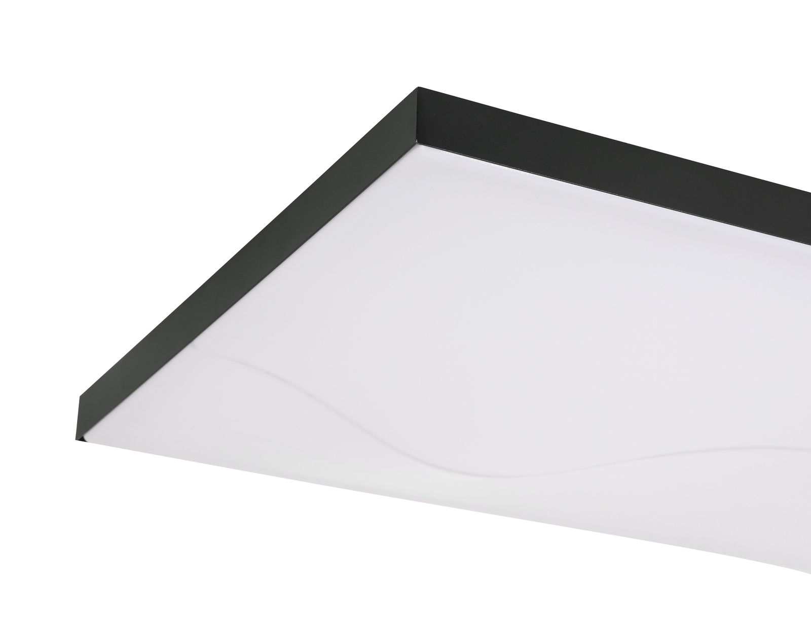 Rechteckige LED-Deckenleuchte mit schwarzem Rahmen, seitliche Perspektive