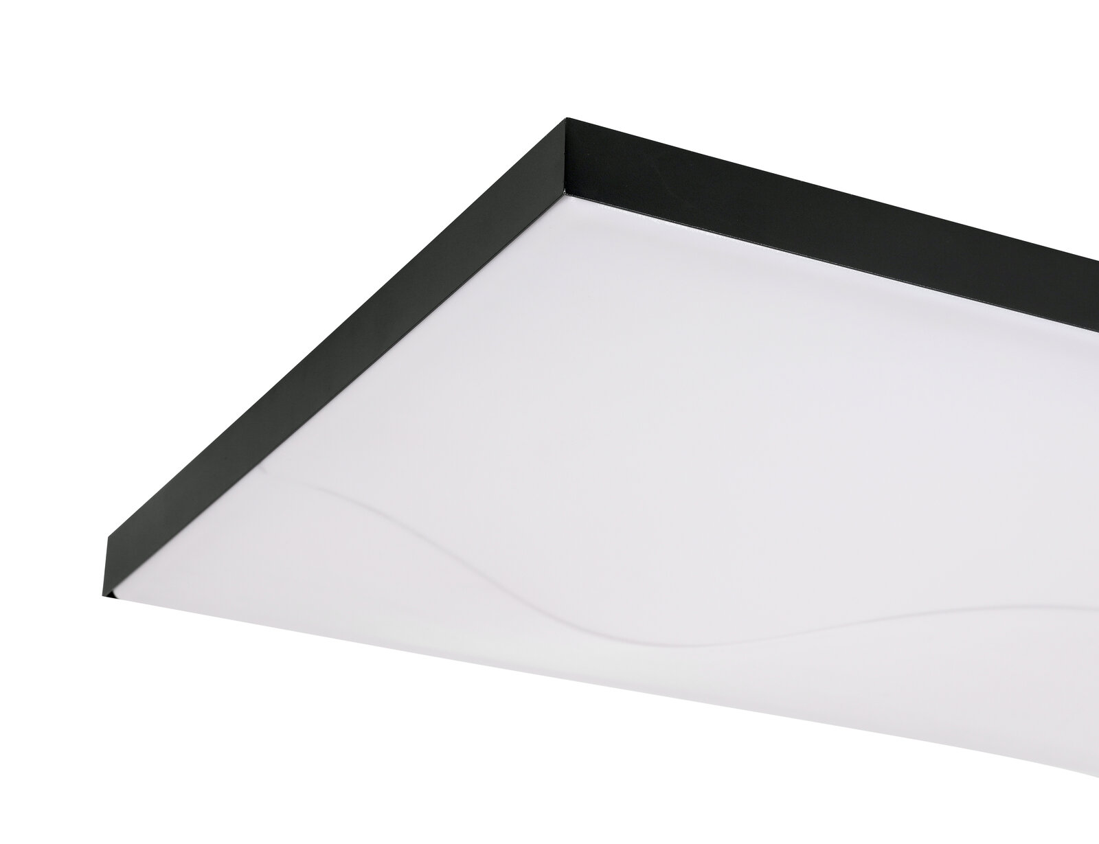 Rechteckige LED-Deckenleuchte mit schwarzem Rahmen, seitliche Perspektive