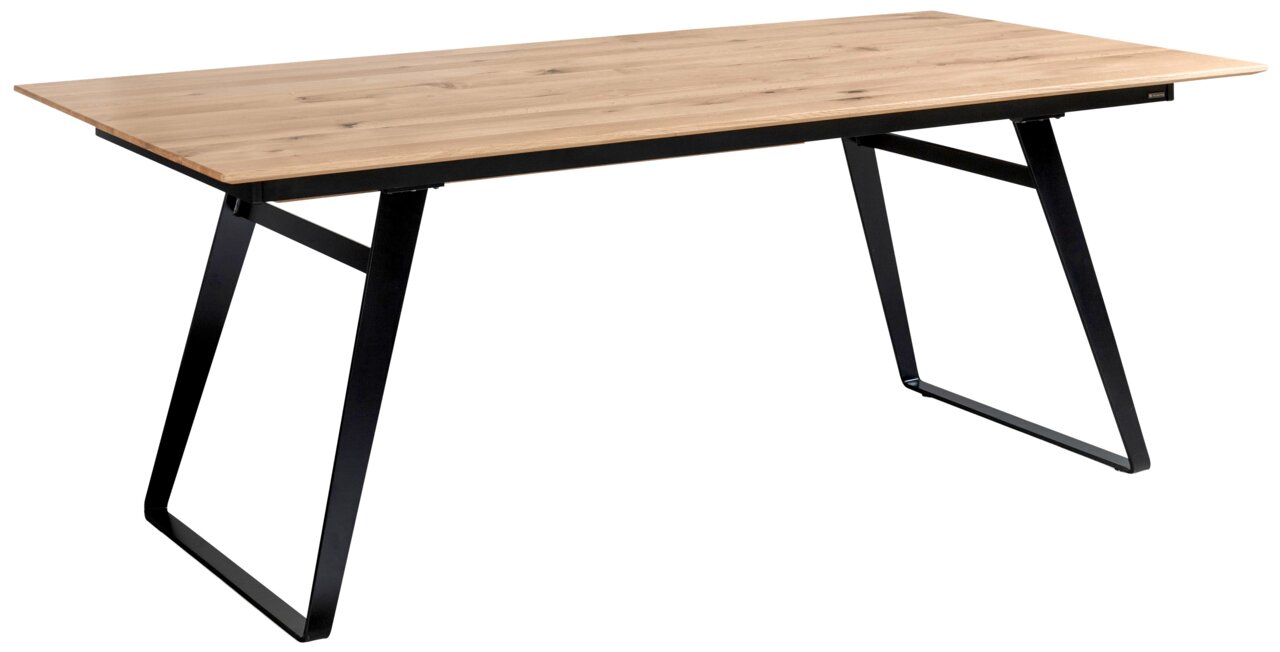 Moderner Esstisch mit Holzplatte und schwarzen Metallbeinen, seitliche Perspektive