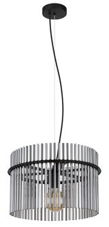 Moderne Hängeleuchte GORLEY mit zylindrischem Metallrahmen und sichtbarer Glühbirne, seitliche Perspektive