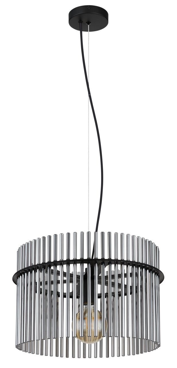 Moderne Hängeleuchte GORLEY mit zylindrischem Metallrahmen und sichtbarer Glühbirne, seitliche Perspektive