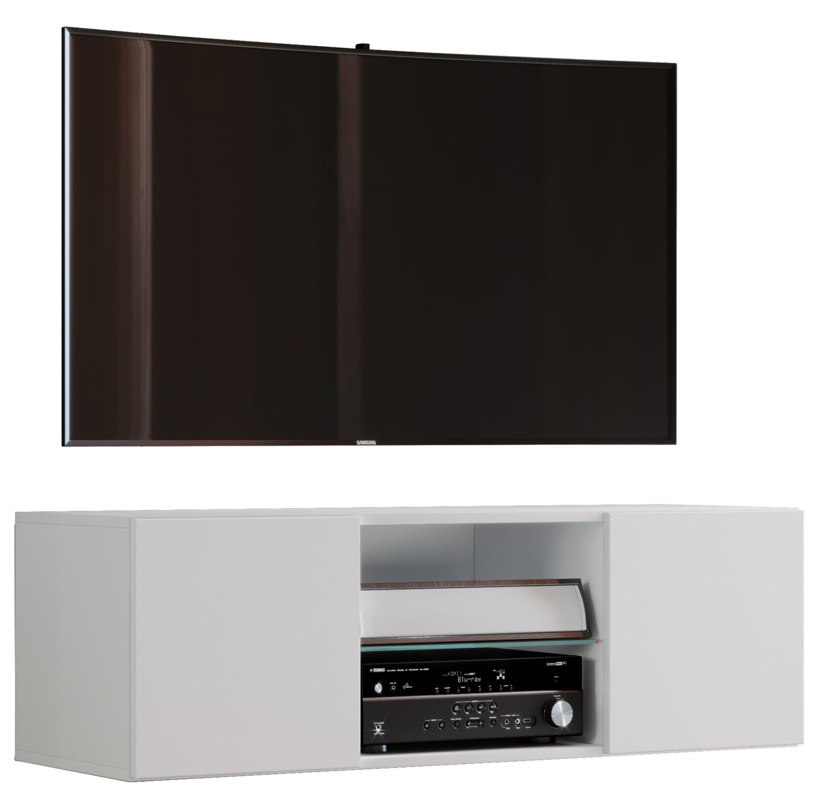 VCM TV-Lowboard JUSA Weißes TV-Lowboard/Medienboard mit zwei seitlichen Schrankfächern und offenem Mittelfach für AV-Receiver, darüber ein großer Flachbildfernseher; frontale Ansicht.