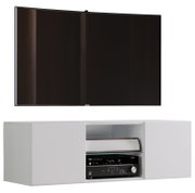 Weißes TV-Lowboard/Medienboard mit zwei seitlichen Schrankfächern und offenem Mittelfach für AV-Receiver, darüber ein großer Flachbildfernseher; frontale Ansicht.