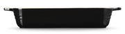 Schwarze Auflaufform, seitliche Perspektive, 25 cm lang, mit Griffen an beiden Enden.