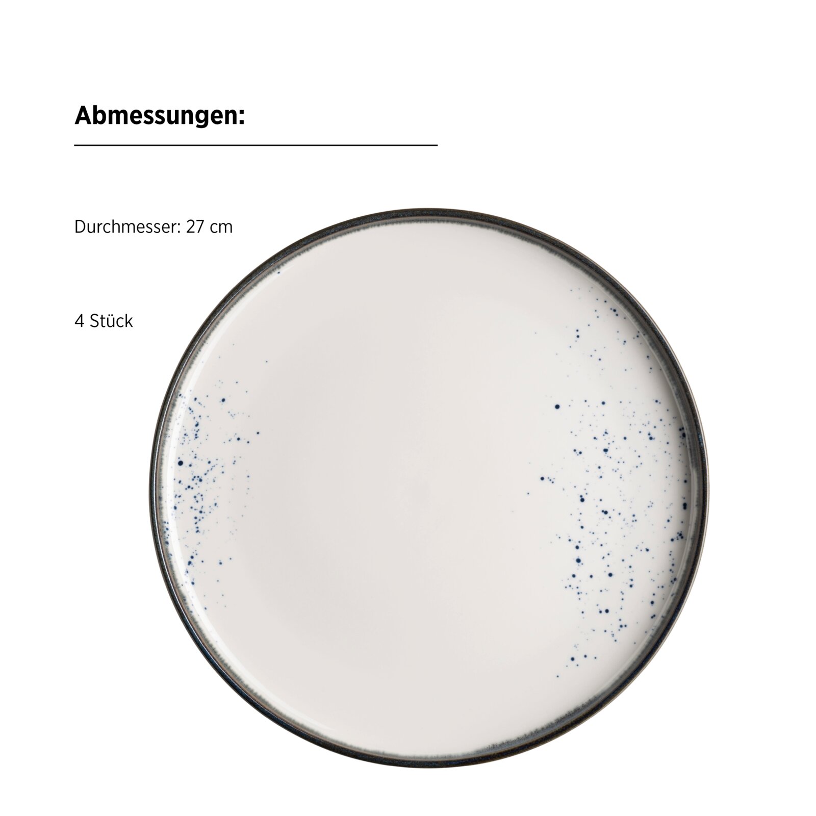 Weißer Speiseteller mit blauen Sprenkeln und dunklem Rand, Durchmesser 27 cm (Set mit 4 Stück), Draufsicht/Top-Down-Perspektive.