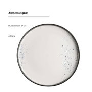 Weißer Speiseteller mit blauen Sprenkeln und dunklem Rand, Durchmesser 27 cm (Set mit 4 Stück), Draufsicht/Top-Down-Perspektive.