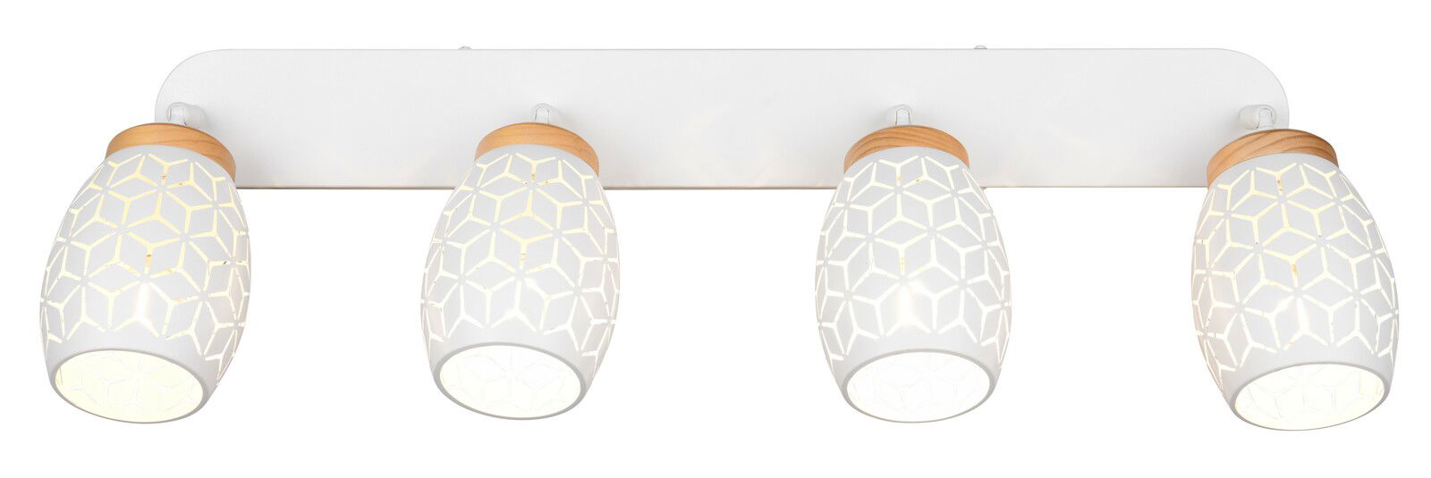 Vierflammiger Strahler mit geometrischem Muster und Holzdetails, Ansicht von vorne