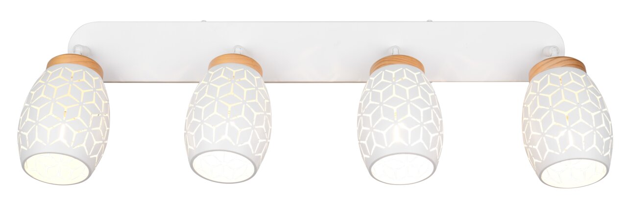 Vierflammiger Strahler mit geometrischem Muster und Holzdetails, Ansicht von vorne