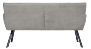 Rückansicht einer grauen Sitzbank mit gestreiftem Stoffbezug und schwarzen Metallbeinen.