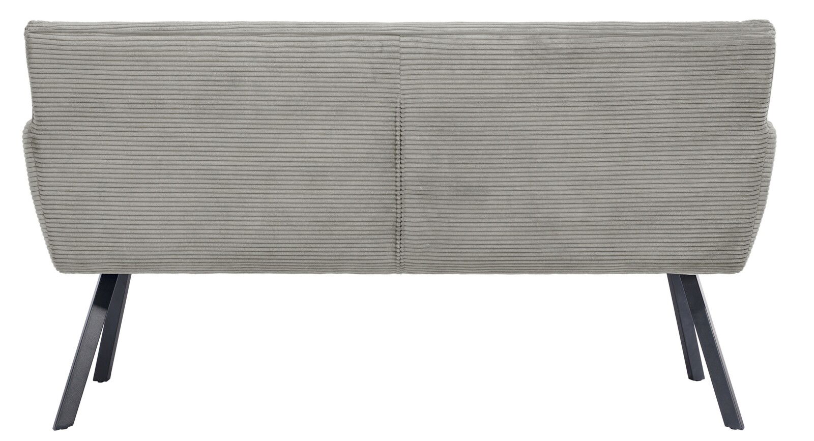 Rückansicht einer grauen Sitzbank mit gestreiftem Stoffbezug und schwarzen Metallbeinen.