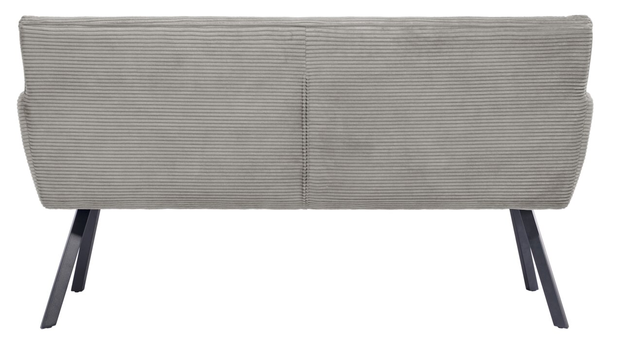 Rückansicht einer grauen Sitzbank mit gestreiftem Stoffbezug und schwarzen Metallbeinen.
