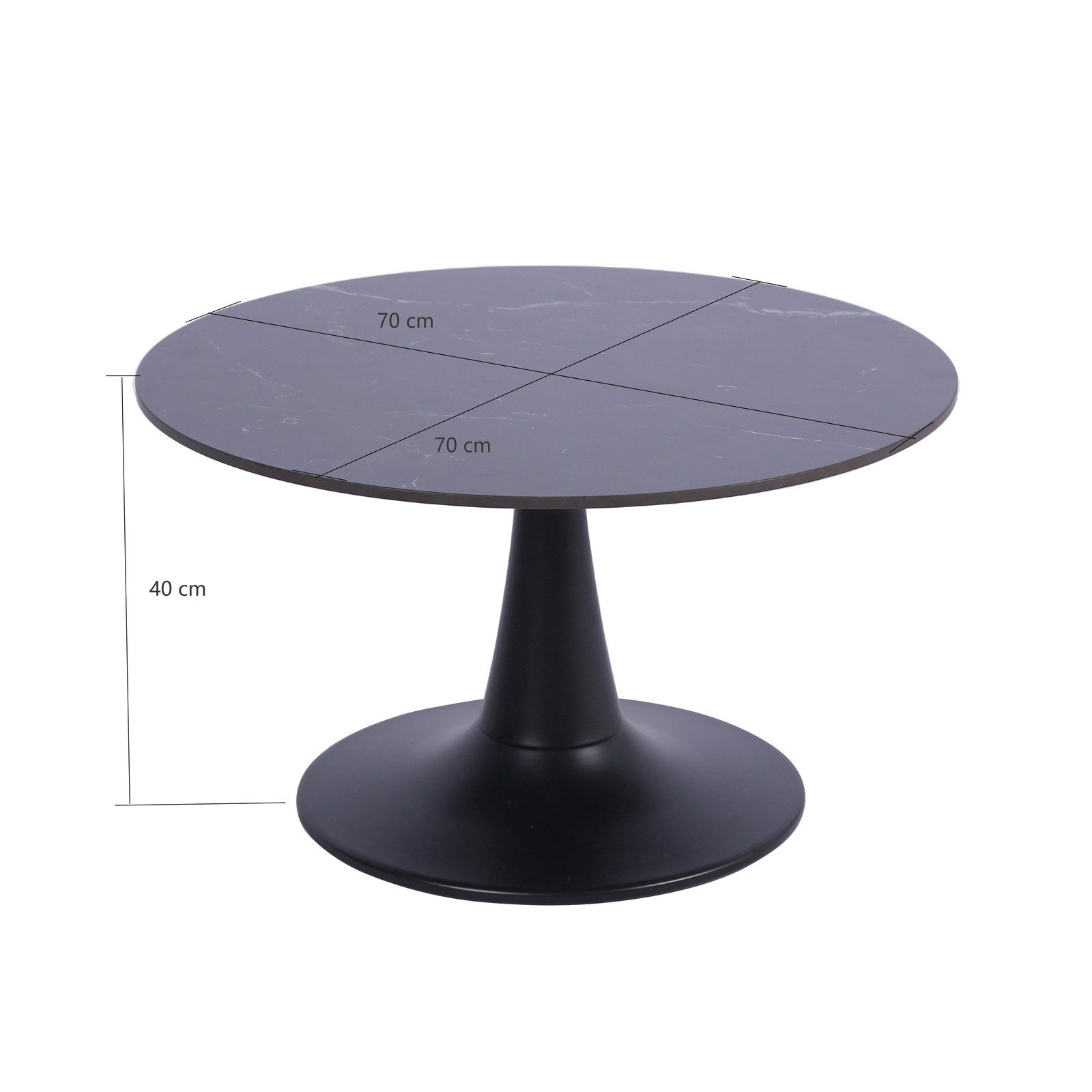 Runder Couchtisch mit schwarzer Marmoroptik und konischem Fuß, seitliche Perspektive