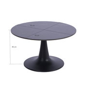 Runder Couchtisch mit schwarzer Marmoroptik und konischem Fuß, seitliche Perspektive