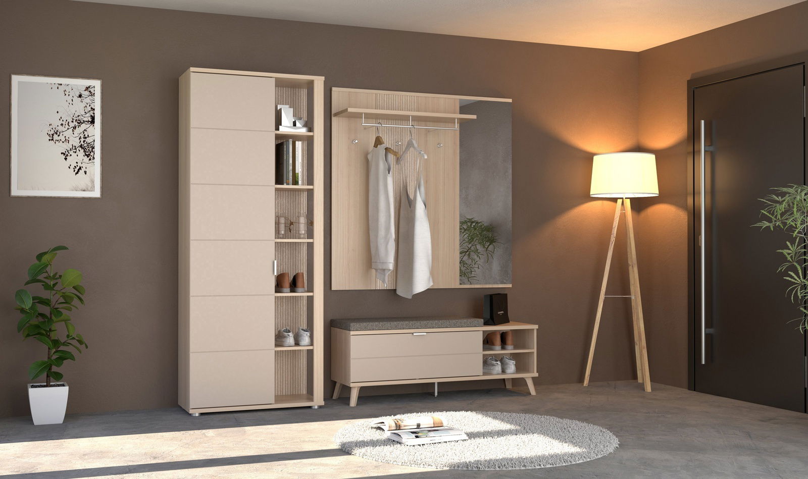 Moderne Garderobeneinrichtung mit Schrank, Paneel, Bank und Spiegel in einem stilvollen Raum, seitliche Perspektive.