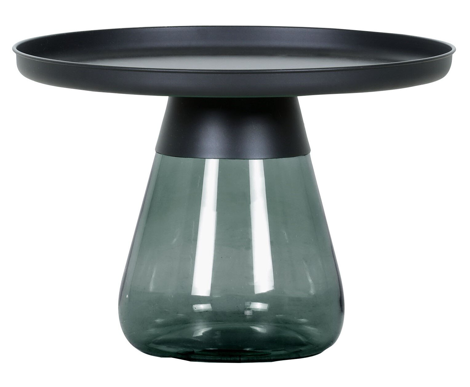 Moderner Beistelltisch mit schwarzer runder Ablage und konischem, transparent grün getöntem Glasfuß, frontal in leicht erhöhter Perspektive freigestellt auf weißem Hintergrund