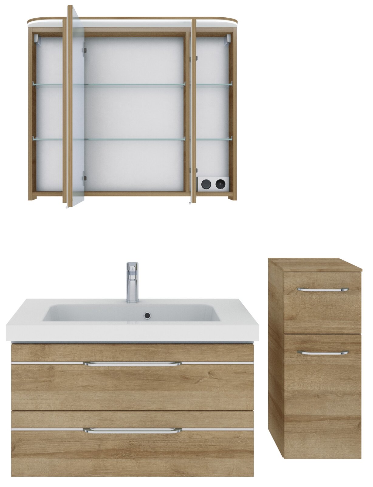 Badblock-Set aus Holzoptik mit Spiegelschrank, Waschbeckenunterschrank und hohem Schrank, Frontalansicht