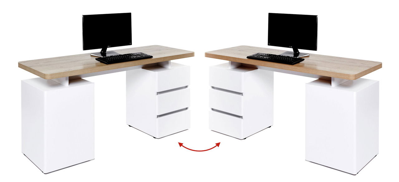 Moderner Schreibtisch mit Holzplatte und weißen Schubladen, abgebildet aus einer seitlichen Perspektive.