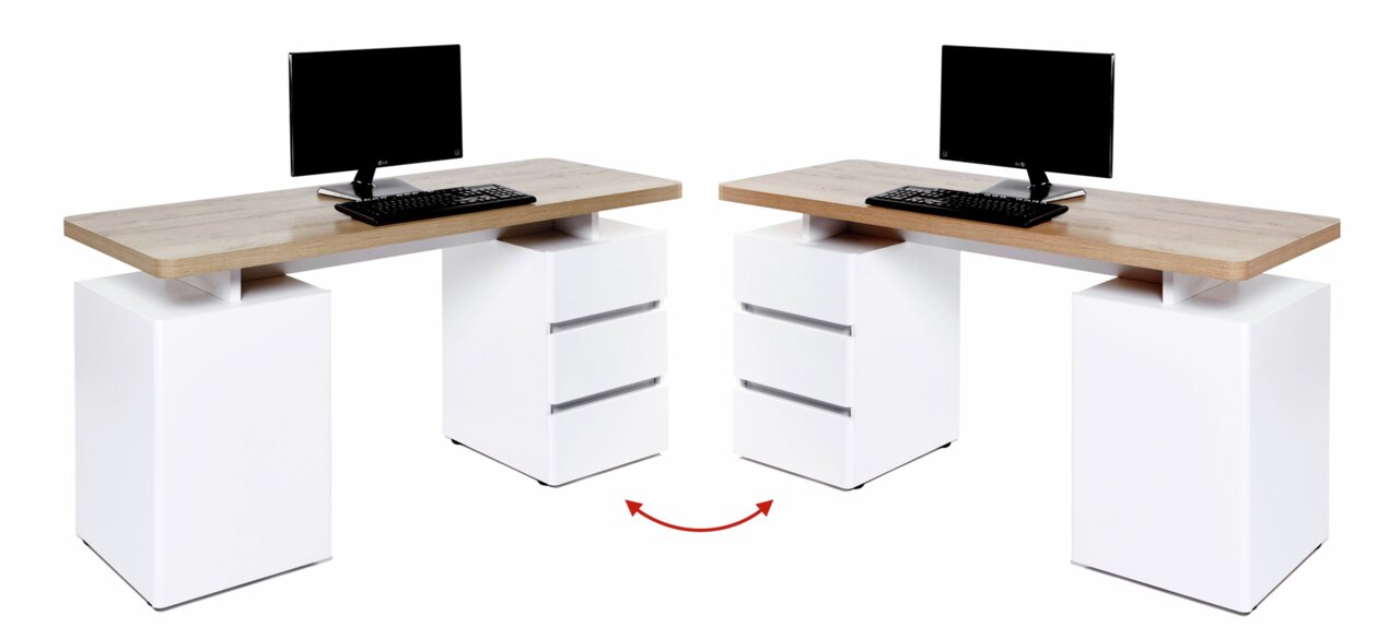 Moderner Schreibtisch mit Holzplatte und weißen Schubladen, abgebildet aus einer seitlichen Perspektive.