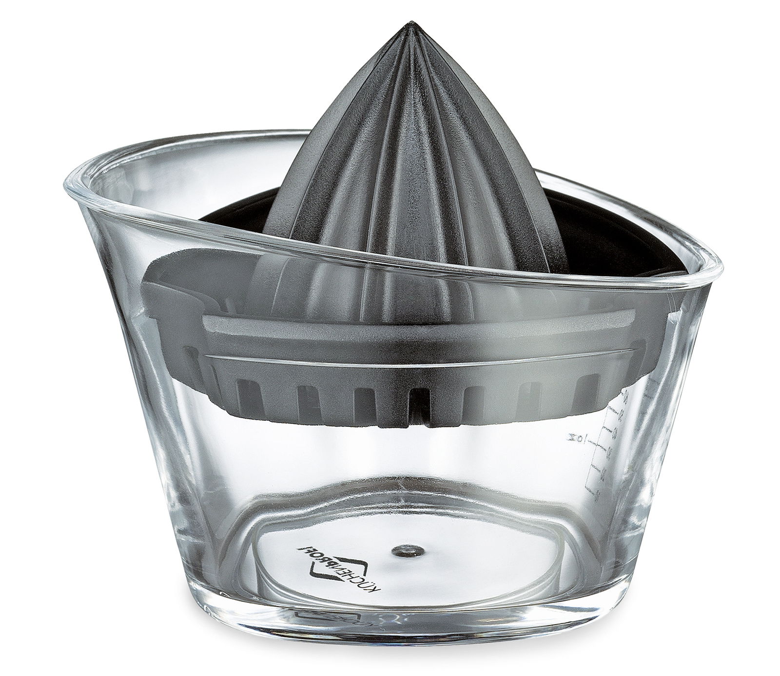 Zitronenpresse aus Glas und Kunststoff, seitliche Perspektive