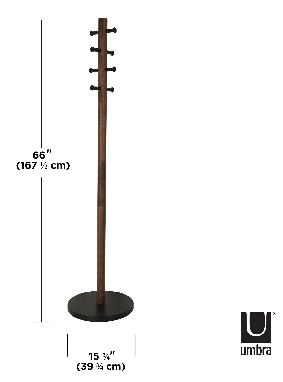 Garderobenständer aus Holz mit sechs Haken, seitliche Ansicht, Höhe 167,5 cm, Durchmesser 39,75 cm
