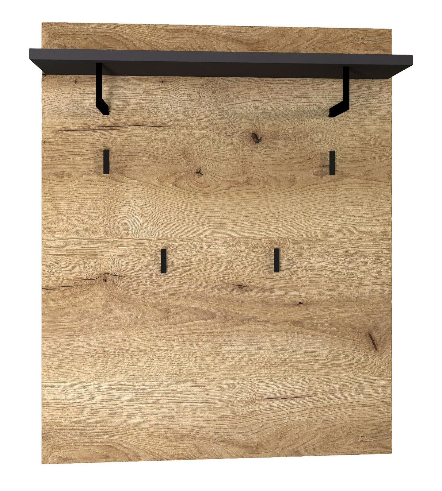 Garderobenpaneel aus Holz mit schwarzer Ablage und Haken, Frontalansicht