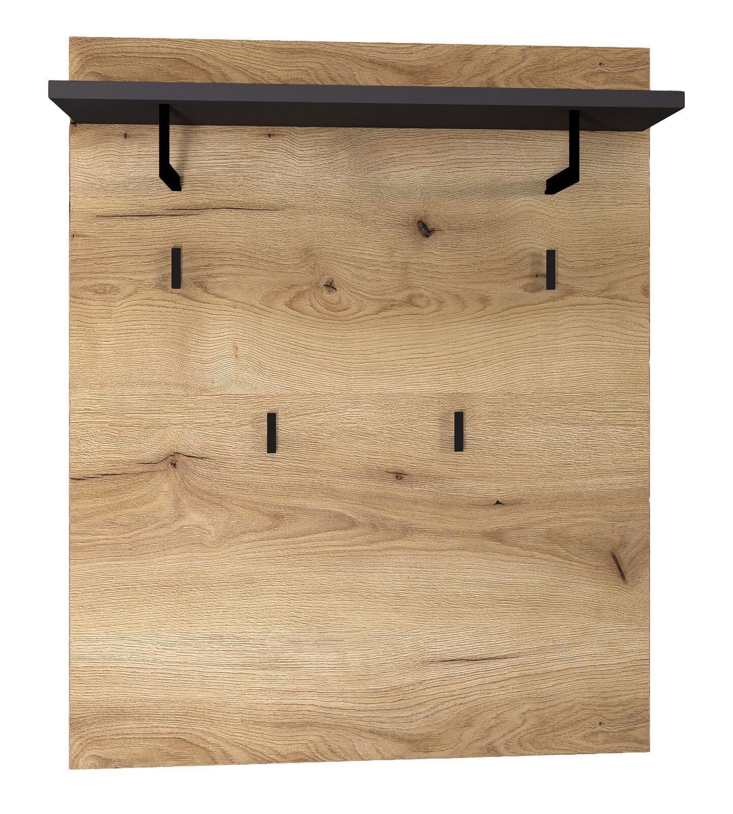 Garderobenpaneel aus Holz mit schwarzer Ablage und Haken, Frontalansicht