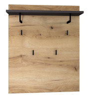 Garderobenpaneel aus Holz mit schwarzer Ablage und Haken, Frontalansicht