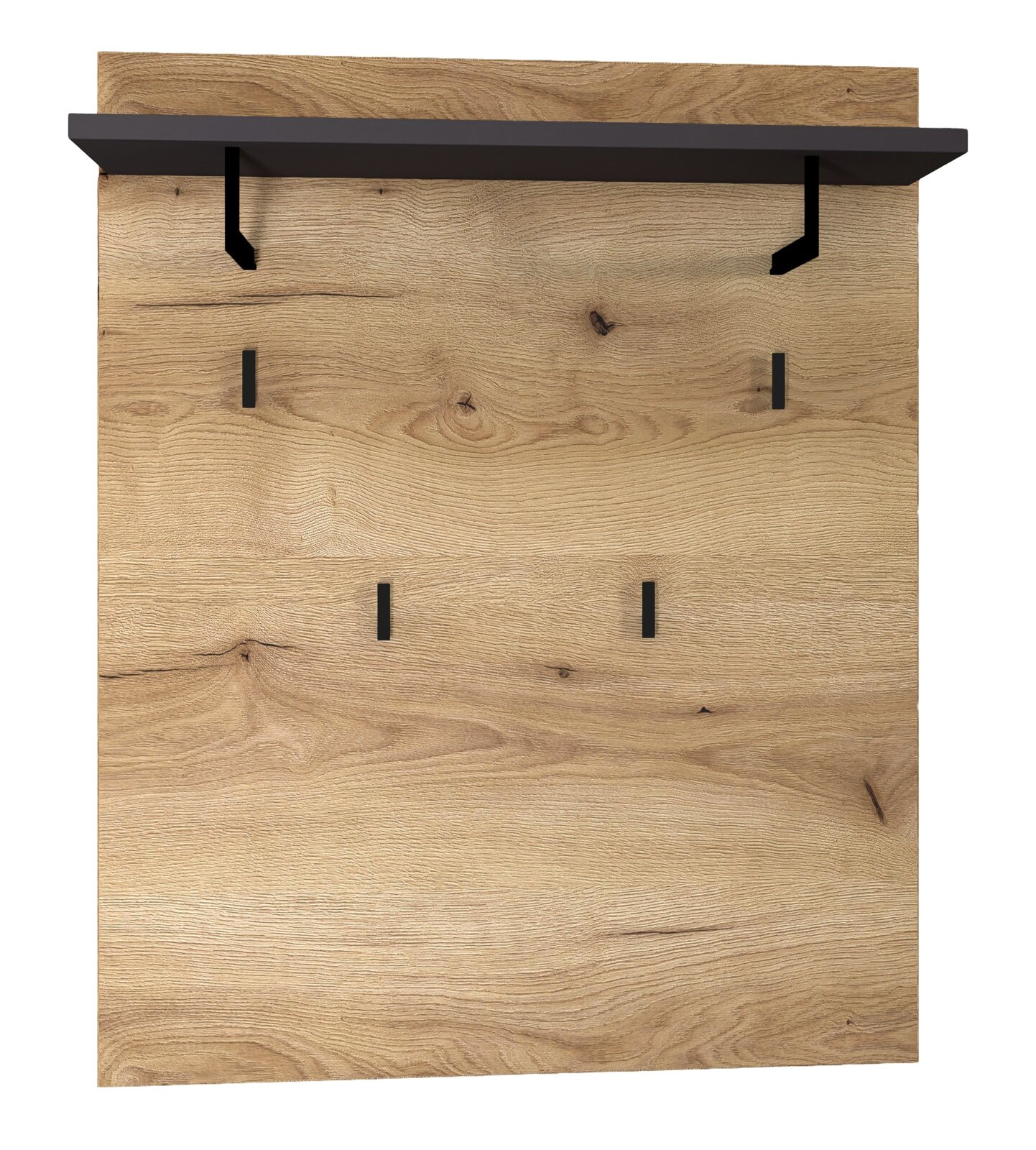 Garderobenpaneel aus Holz mit schwarzer Ablage und Haken, Frontalansicht
