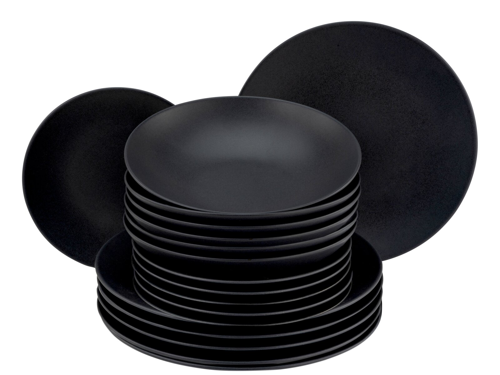 creaTable Tellerset 18-tlg. SOFT TOUCH Schwarzes, mattes Tellerset mit gestapelten Speise- und tiefen Tellern sowie zwei aufrecht präsentierten Tellern, aus leicht erhöhter Frontalperspektive