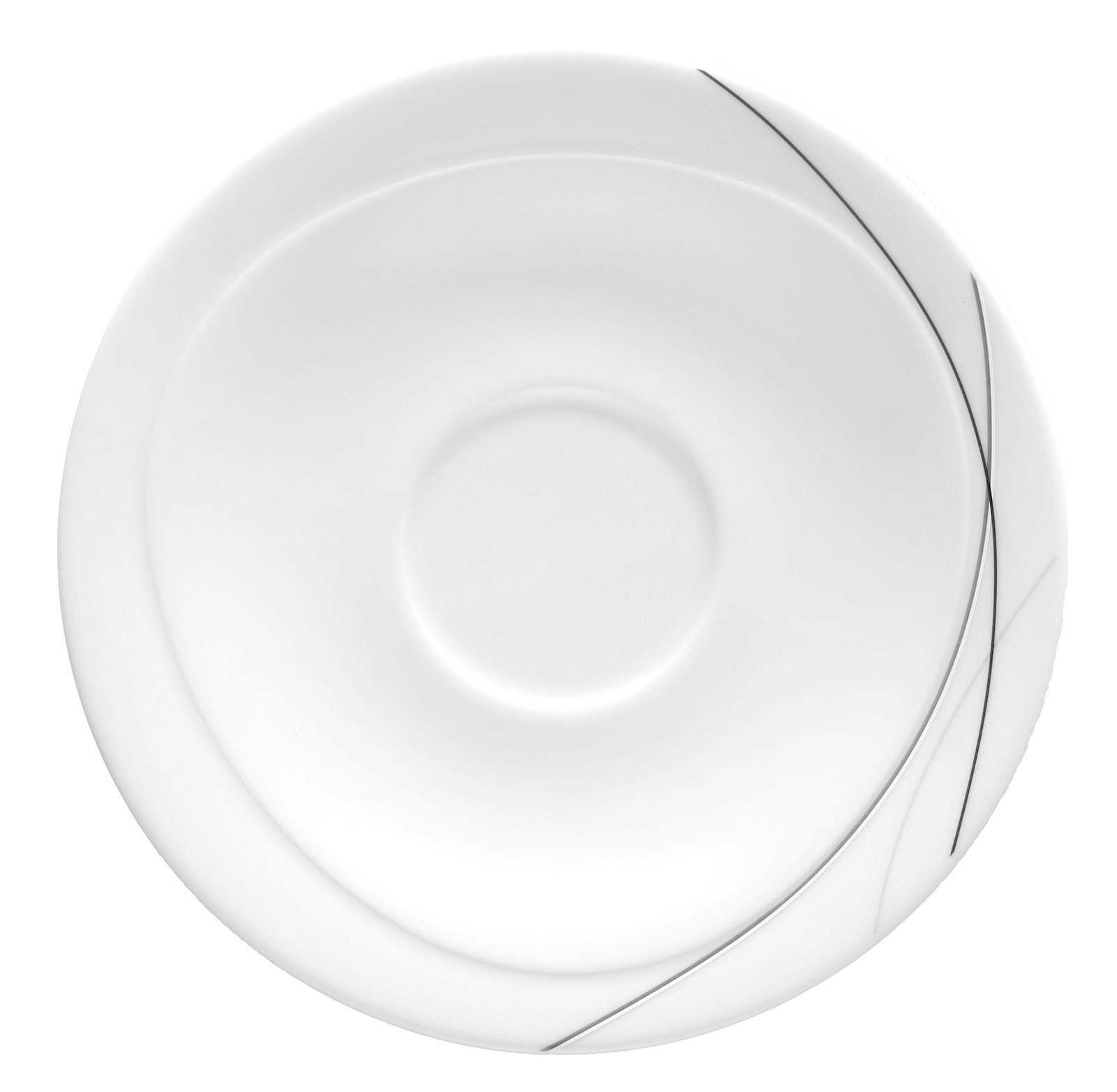 Weiße Untertasse mit feinem schwarzem Linienmuster, Draufsicht