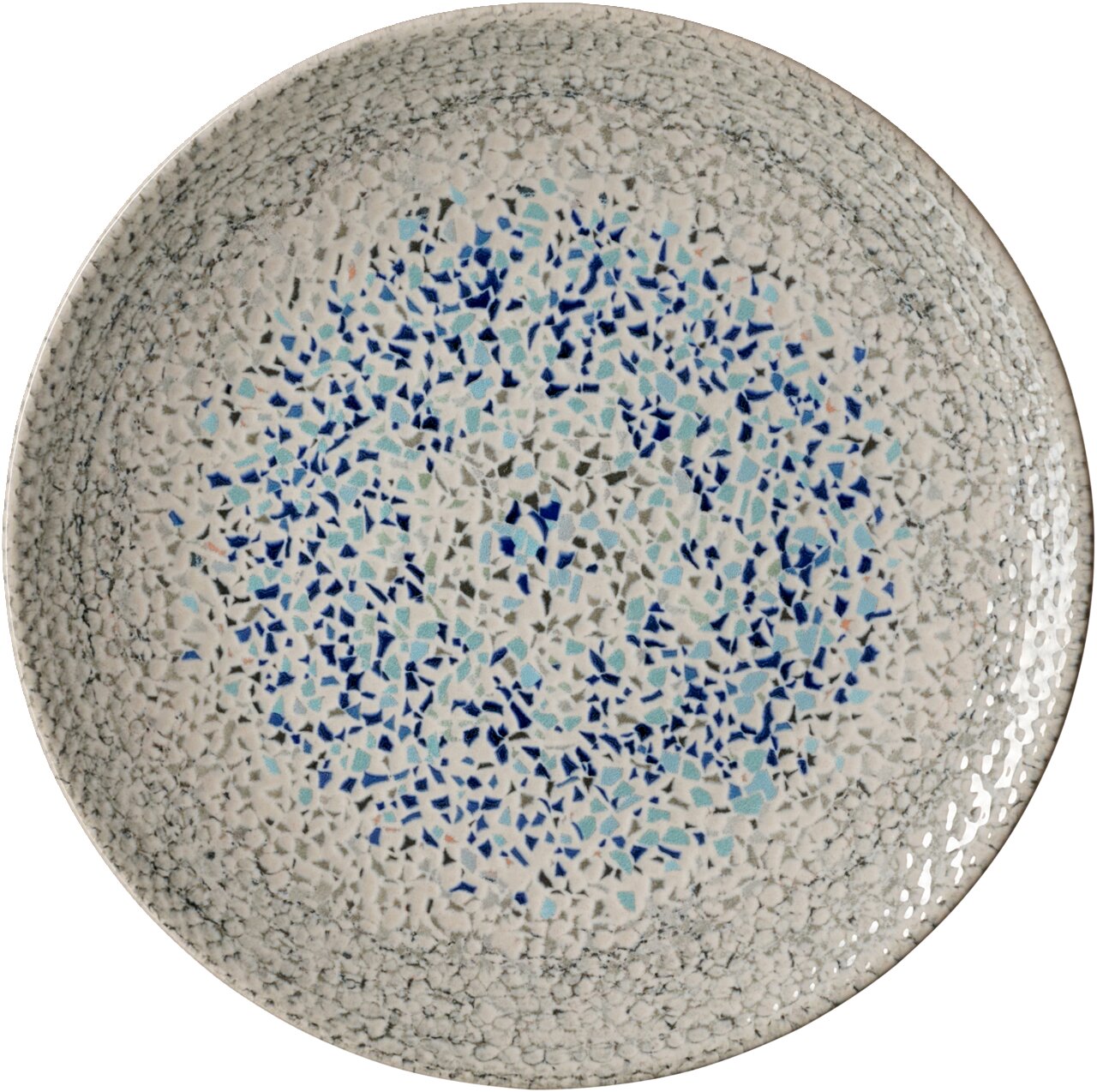 Dessertteller mit Mosaikmuster in Blau- und Grautönen, Ansicht von oben