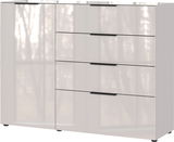 Modernes Sideboard mit Hochglanzoberfläche, vier Schubladen und einer Tür, frontale Ansicht