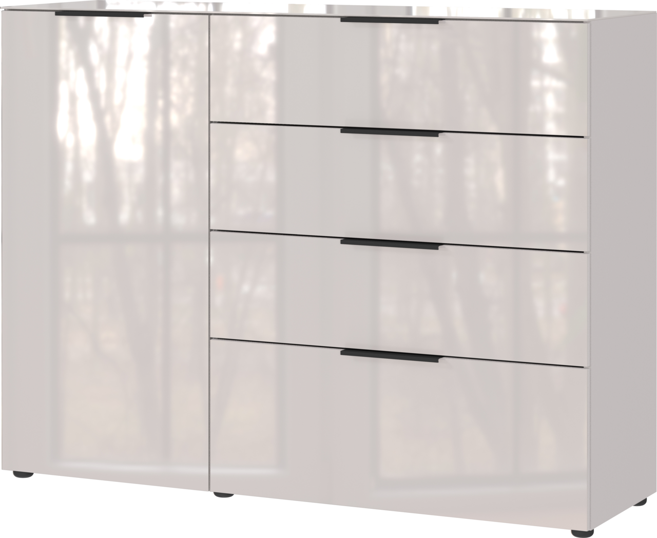 Modernes Sideboard mit Hochglanzoberfläche, vier Schubladen und einer Tür, frontale Ansicht