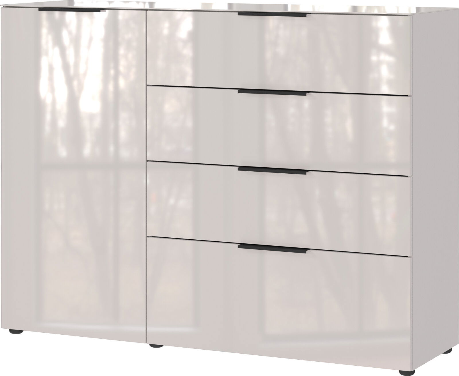 Modernes Sideboard mit Hochglanzoberfläche, vier Schubladen und einer Tür, frontale Ansicht