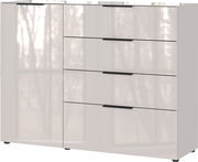 Modernes Sideboard mit Hochglanzoberfläche, vier Schubladen und einer Tür, frontale Ansicht