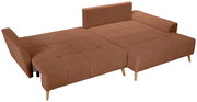 Braunes Polster-Schlafsofa mit gesteppten Sitzflächen, Armlehnen und Holzfüßen, ausgeklappt zur Liegefläche, Ansicht schräg von vorne oben