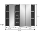Spiegelschrank mit drei Türen, geöffnet, zeigt Innenfächer und Maße, Frontansicht