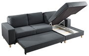 Graues Ecksofa mit ausziehbarem Bett und Stauraum, Perspektive von vorne rechts
