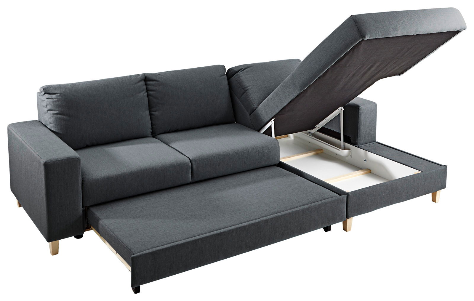 Graues Ecksofa mit ausziehbarem Bett und Stauraum, Perspektive von vorne rechts