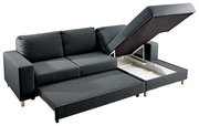 Graues Ecksofa mit ausziehbarem Bett und Stauraum, Perspektive von vorne rechts
