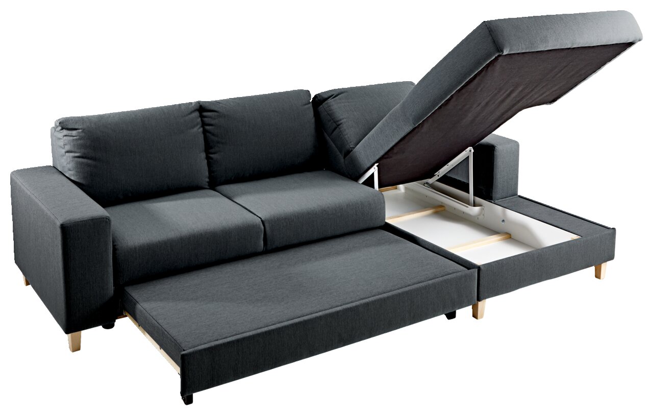 Graues Ecksofa mit ausziehbarem Bett und Stauraum, Perspektive von vorne rechts