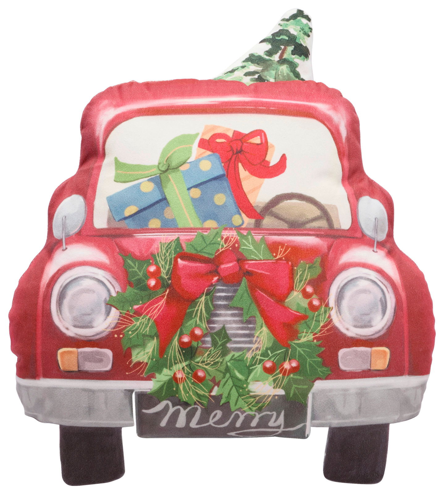 Zierkissen in Form eines roten Autos mit Weihnachtskranz und Geschenken, Vorderansicht