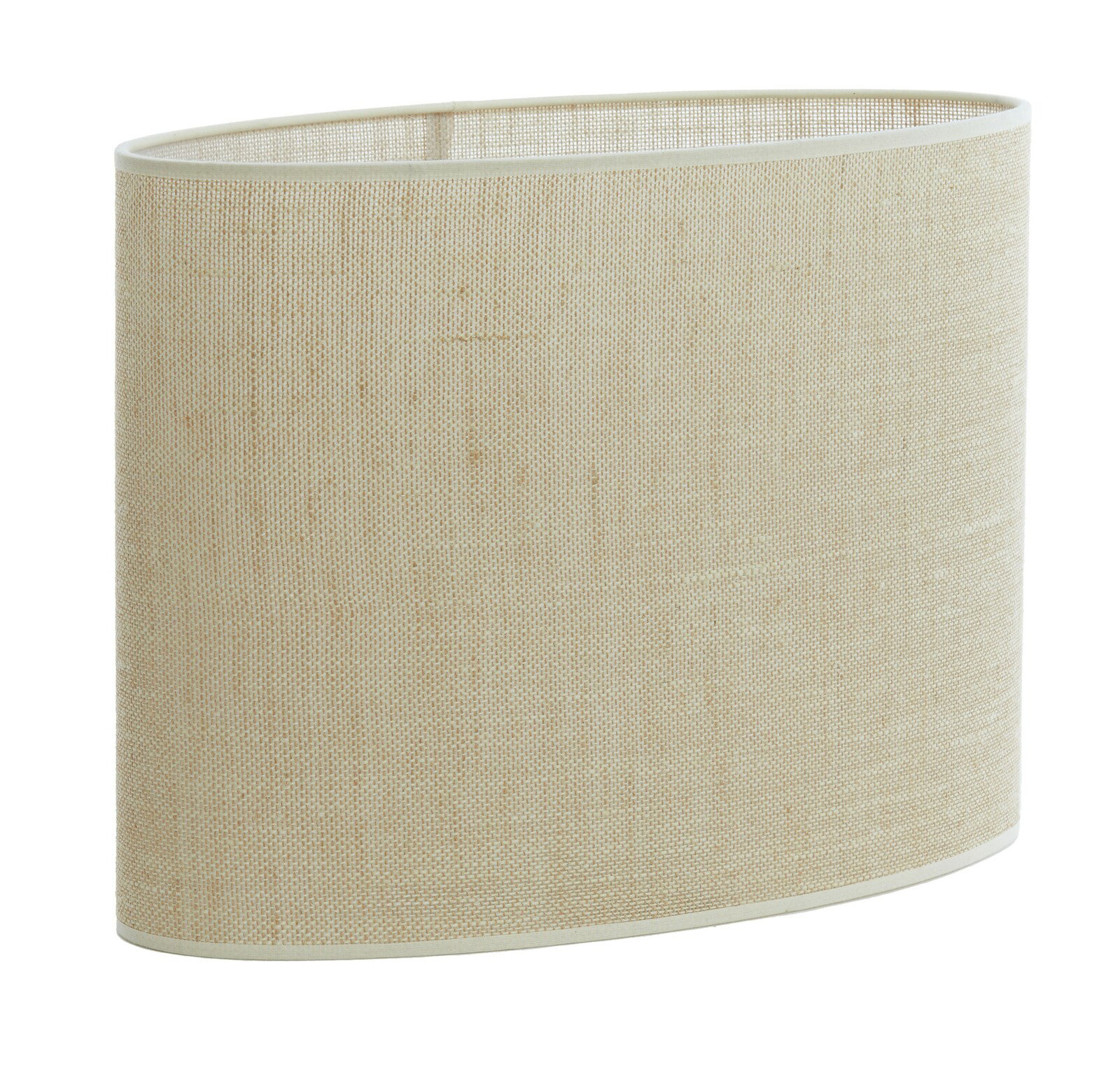 Ovaler, gerader Lampenschirm aus beigem Stoff, seitliche Perspektive