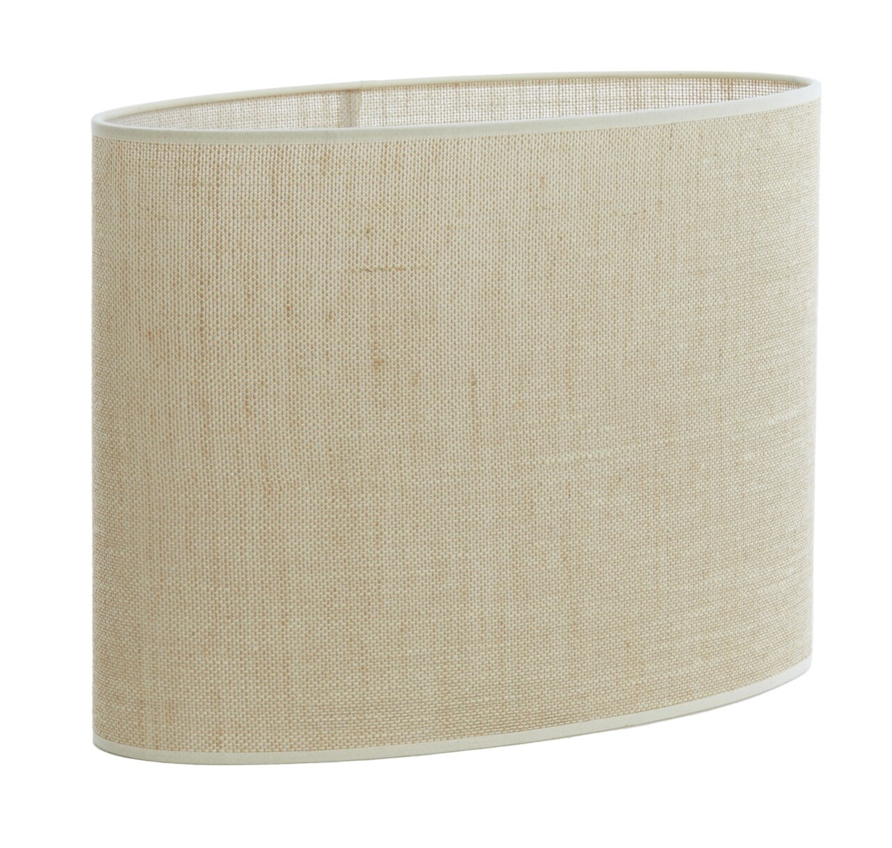 Ovaler, gerader Lampenschirm aus beigem Stoff, seitliche Perspektive